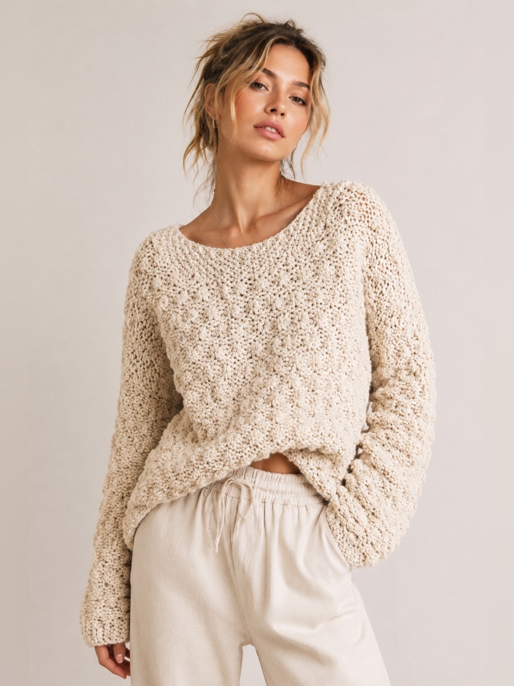 Cozy Casual Chunky Textured Cable Knit Sweater Cream M/L